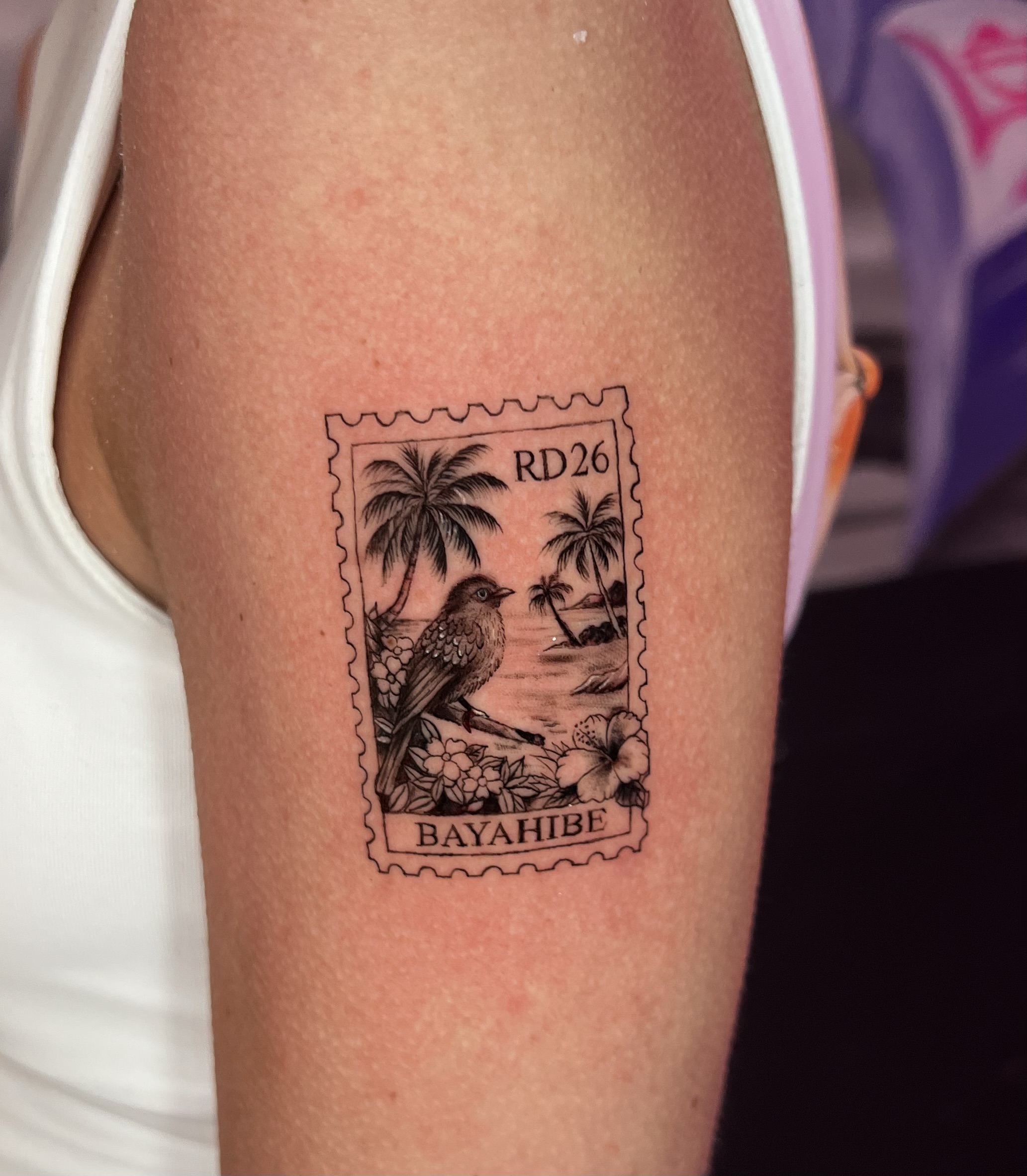 It is a fine line and black & grey postage stamp tattoo, carefully detailed within a jagged frame that mimics a classic stamp. In the center there is a tropical landscape with p