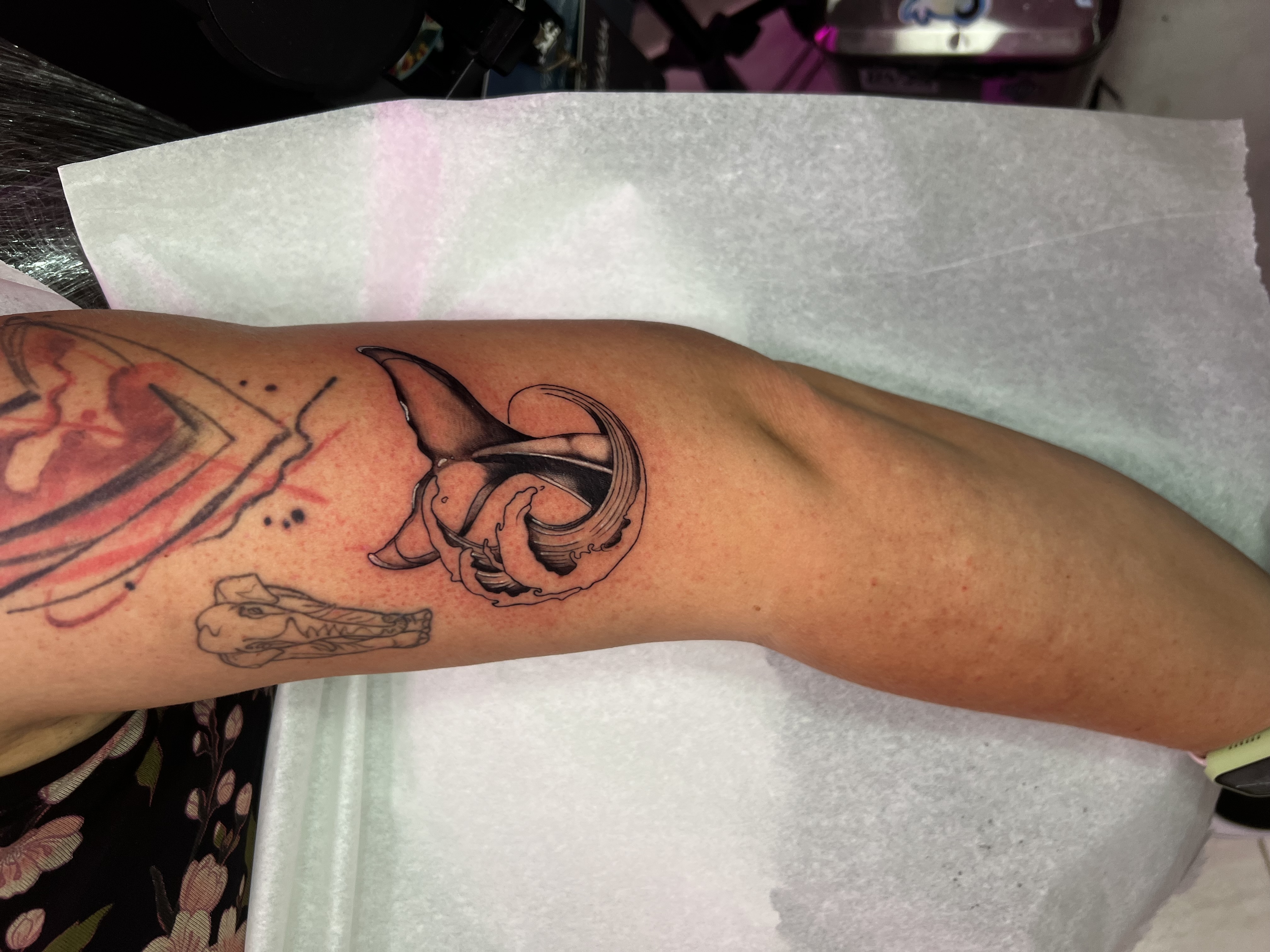 It is a fine line style tattoo with soft shading, where the tail of a whale emerges inside a wave that coils in a circular movement. The composition combines clean lines and the